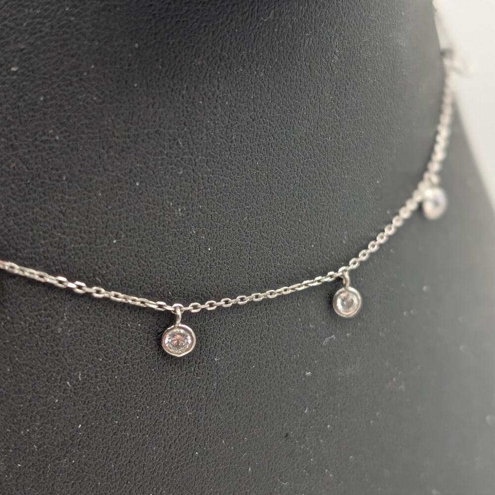 925 Sterling Silver Bezel Set Cubic Zirconia Dangles Choker Necklace - Picture 3 of 7